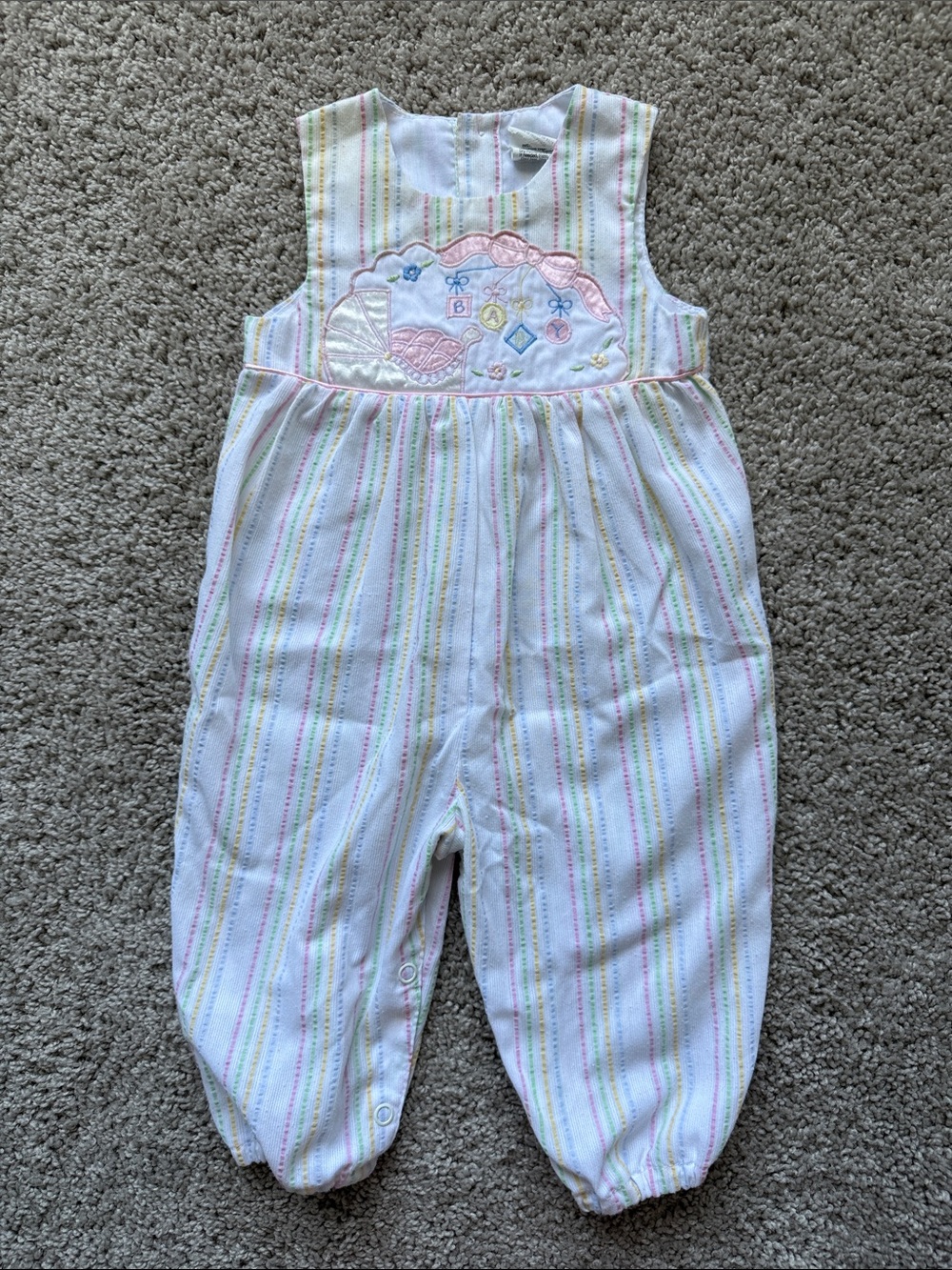 Vintage 90s | Baby Girls White Pastel Striped Embroidered Romper